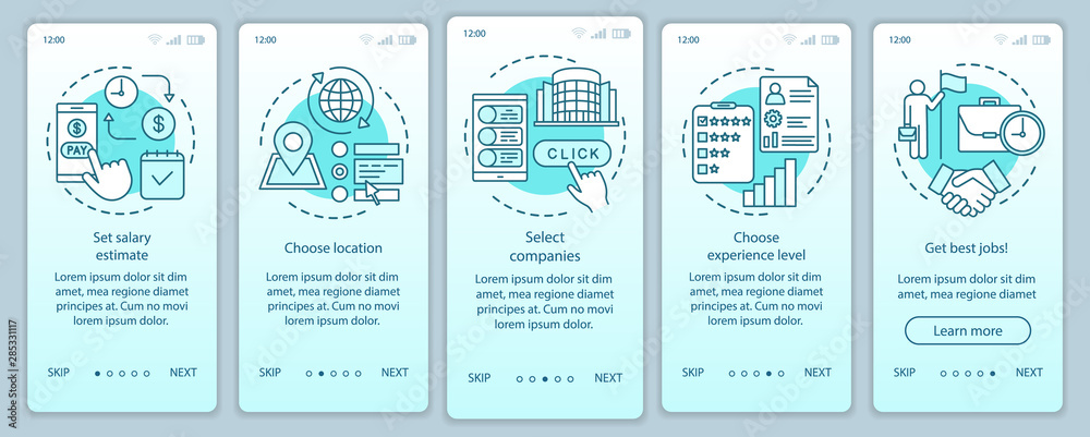 Searching part time jobs turquoise onboarding mobile app page screen vector template. Select companies. Walkthrough website steps with linear illustrations. UX, UI, GUI smartphone interface concept