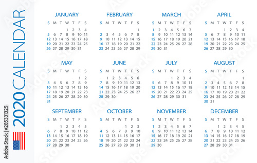 Calendar 2020 Horizontal - illustration. American version. Week starts on Sunday