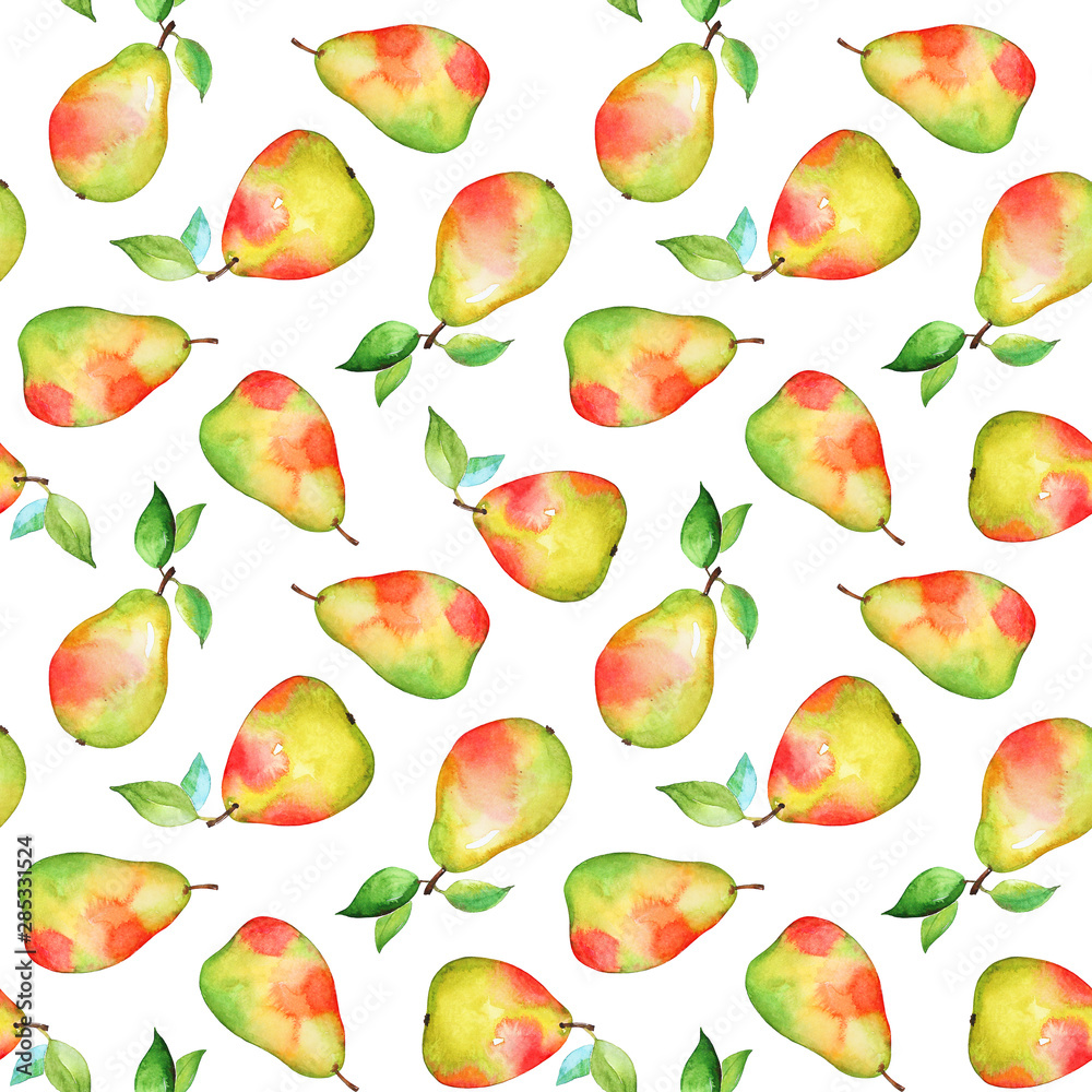 Seamless pattern with hand drawn yellow ripe pears with leaves Seamless pattern with hand drawn yellow ripe pears with leaves