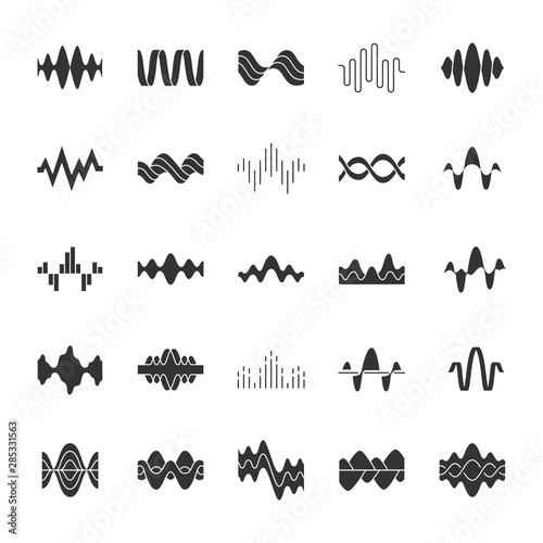 Sound and audio waves glyph icons set. Silhouette symbols. Music digital curve soundwaves. Voice recording, radio signals, wavy lines. Vibration, noise amplitudes level. Vector isolated illustration