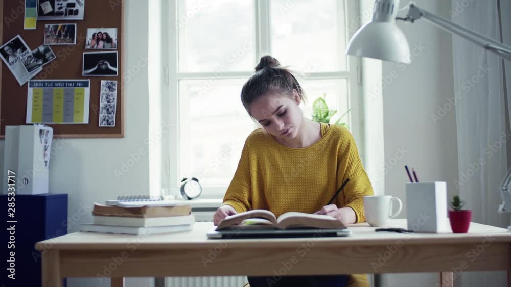 A young female student with a book sitting at the table, studying. A young female student with a book sitting at the table, studying.