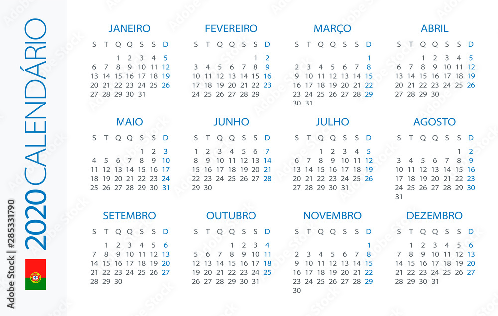 Calendar 2020 Horizontal - illustration. Portuguese version Calendar 2020 Horizontal - illustration. Portuguese version