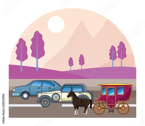 Classic cars and horse carriages vehicles