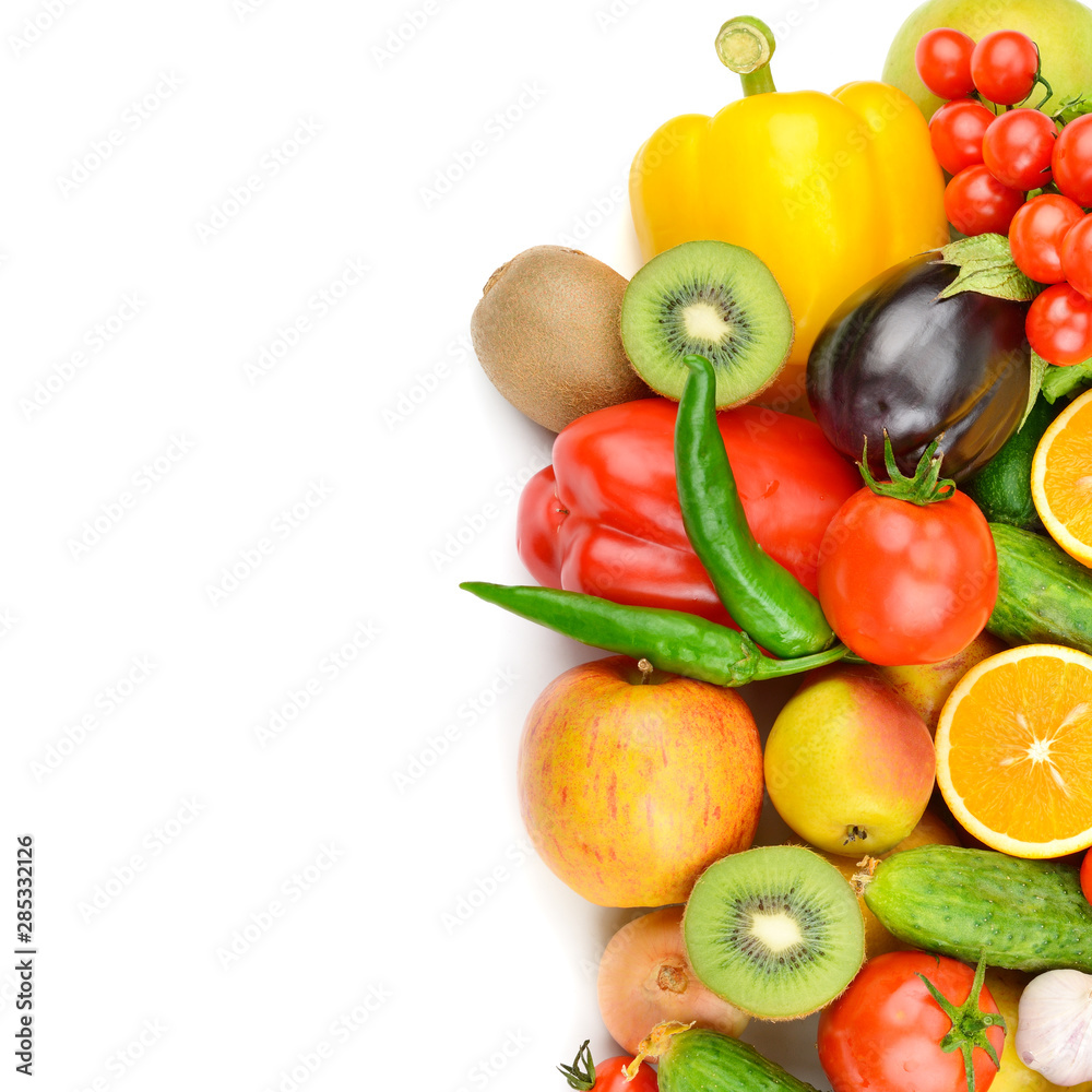 Fruits and vegetables isolated on white background. Free space for text. Fruits and vegetables isolated on white background. Free space for text.