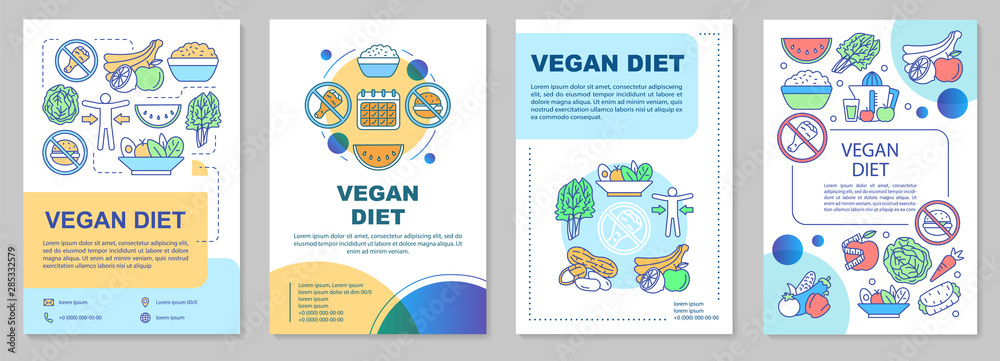 Plakat Vegan diet brochure template layout. Organic nutrition plan flyer, booklet, leaflet print design with linear illustrations. Vector page layouts for magazines, annual reports, advertising posters
