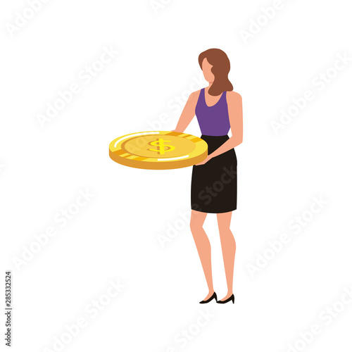 young woman with coins money character