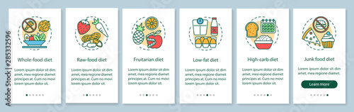 Vegan diets onboarding mobile app page screen with linear concepts. Vegetarian lifestyle walkthrough steps graphic instructions. Nutrition plan. UX, UI, GUI vector template with illustrations