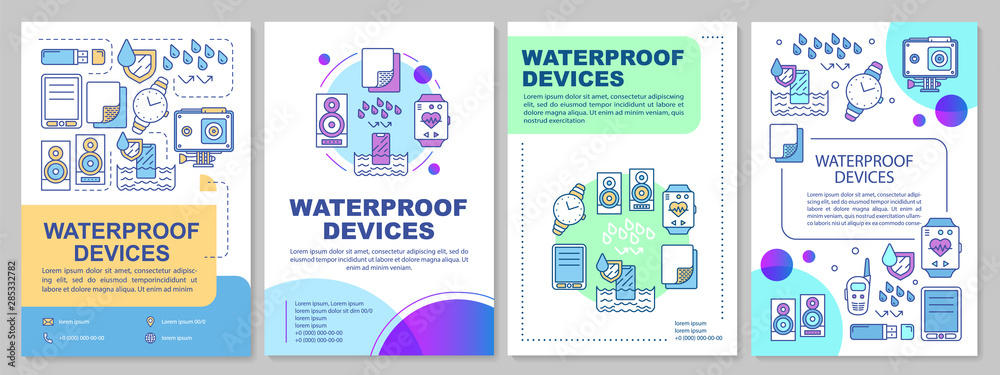 Waterproof devices brochure template layout. Flyer, booklet, leaflet print design with linear illustrations. Hydrophobic gadgets. Vector page layouts for magazines, annual reports, advertising posters
