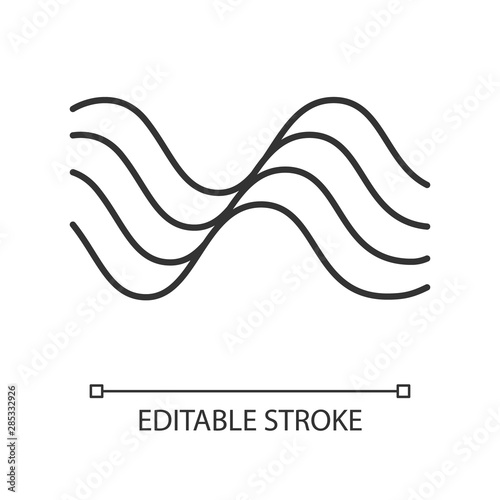 Wavy sound lines linear icon. Thin line illustration. Music rhythm, melody wave. Soundtrack play waveform. Synergy, energy flow sign. Contour symbol. Vector isolated outline drawing. Editable stroke