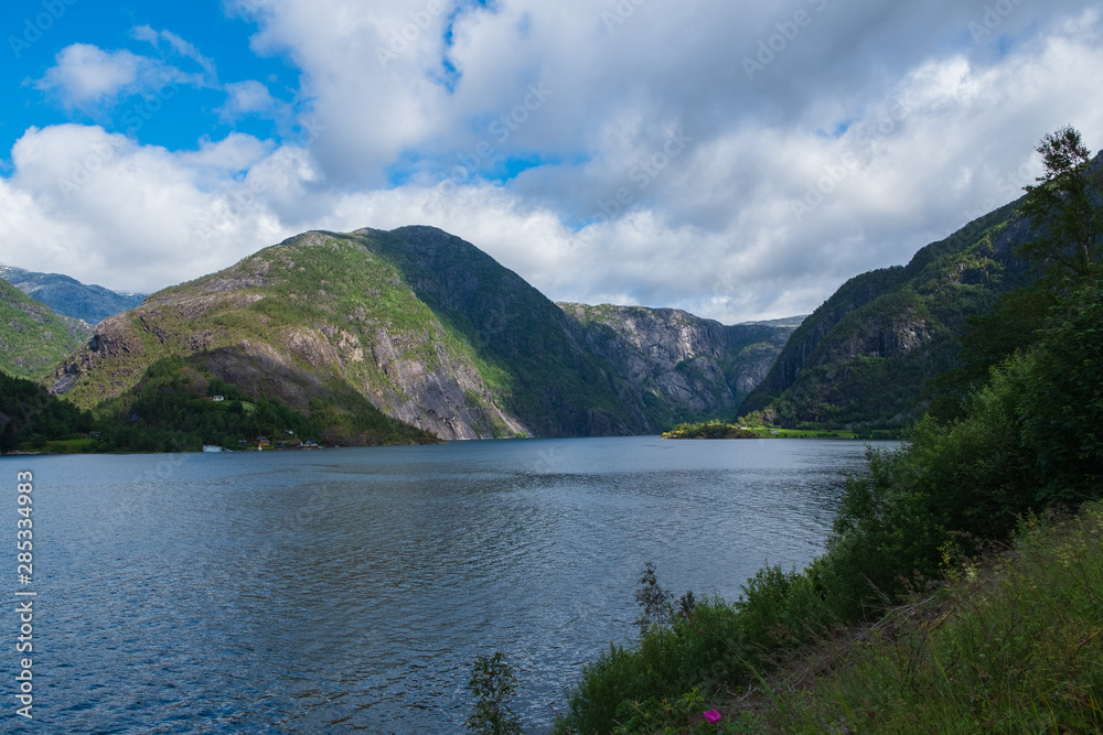 Mountain landscape and Akrafjord(Åkrafjorden), Norway. July 2019