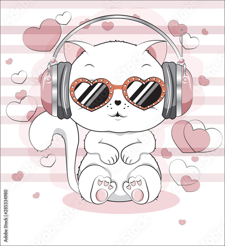 white kitten with earphones