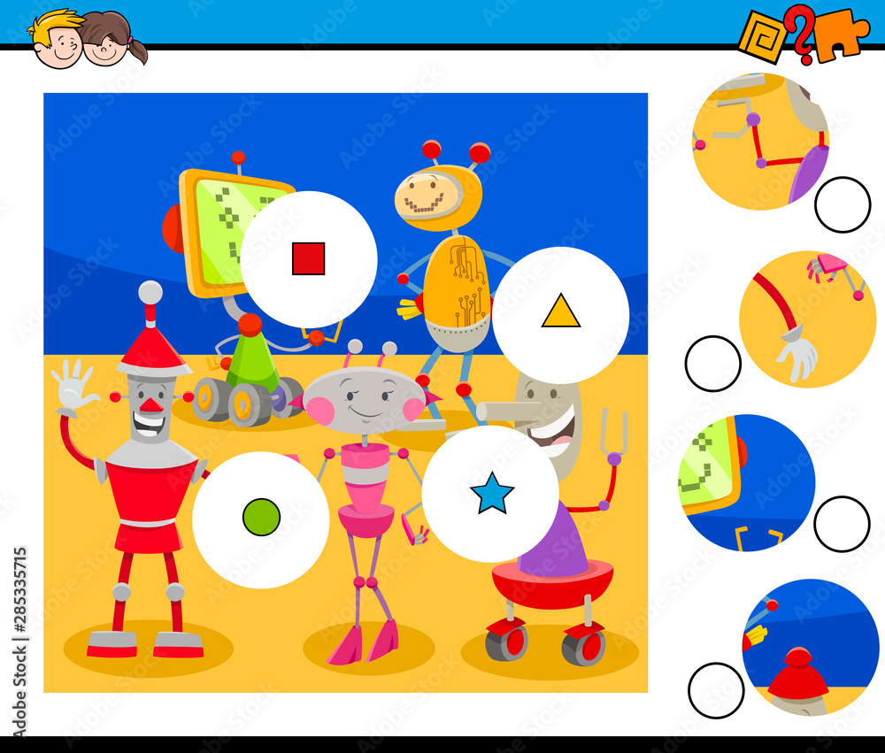 match pieces puzzle with cute robots