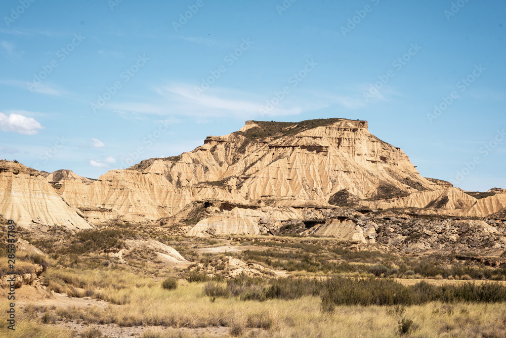 Desertic landscape in Bardenas Reales of Navarra, Spain .