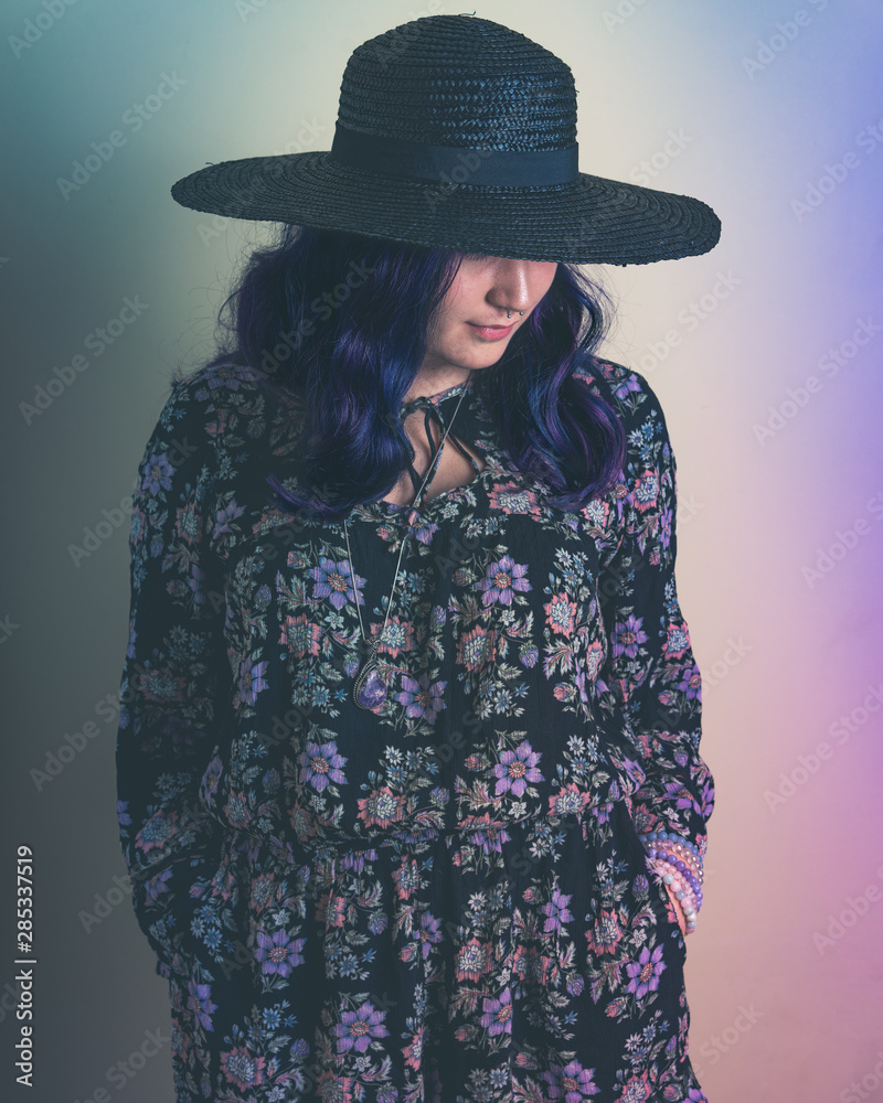 portrait of young woman in black hat portrait of young woman in black hat