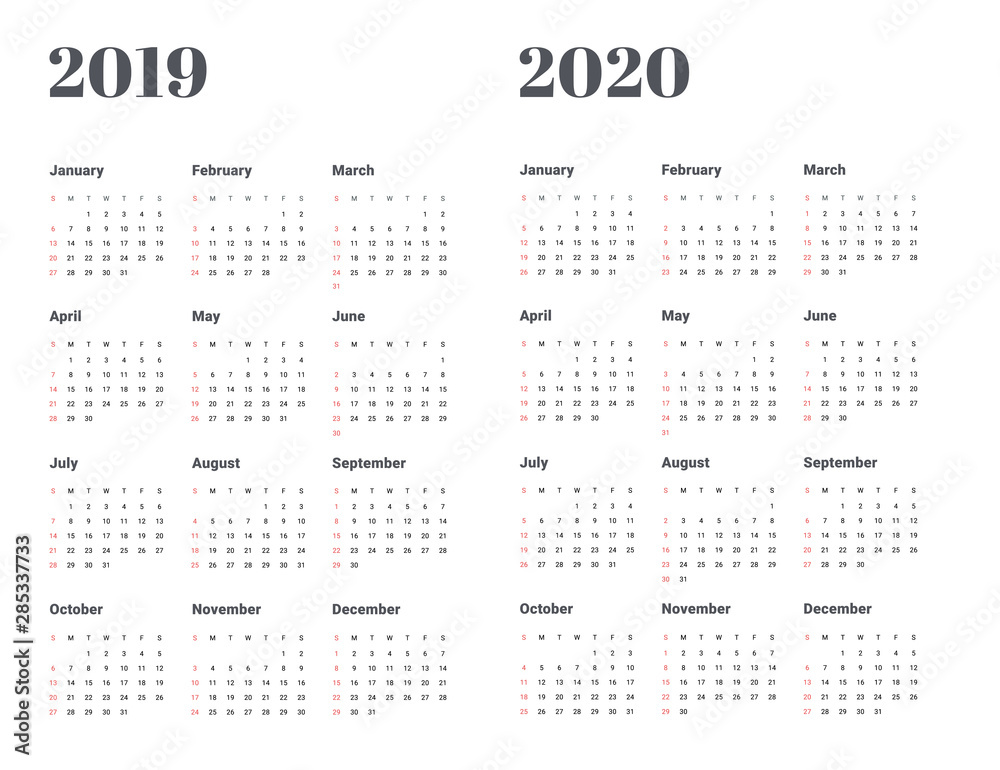 Calendar 2019 2020 year illustration. Week starts on Monday Calendar 2019 2020 year illustration. Week starts on Monday