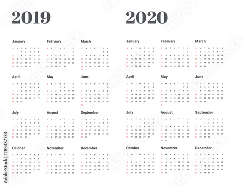 Calendar 2019 2020 year illustration. Week starts on Monday