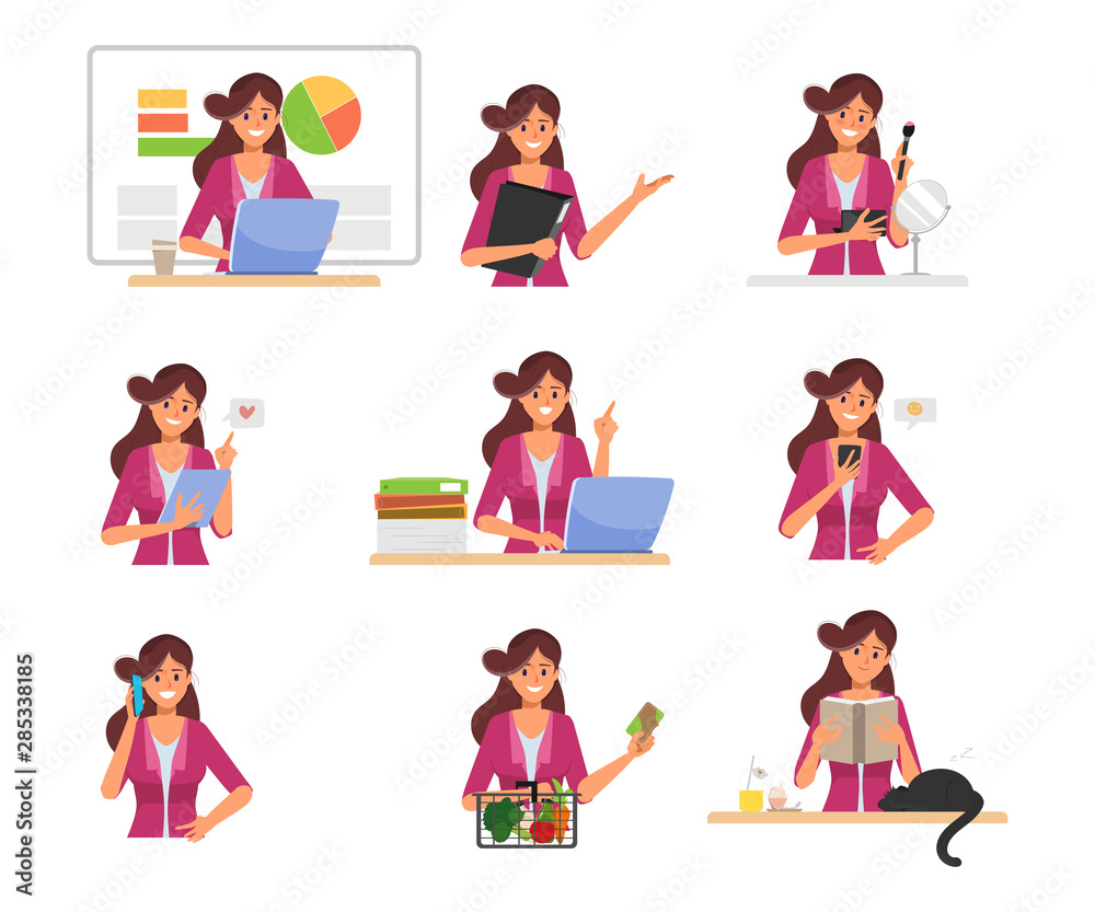 Businesswoman in job and lifestyle daily routine character set.