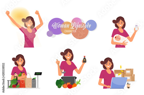 Woman in housewife daily routine activity character. Housewife and working woman.