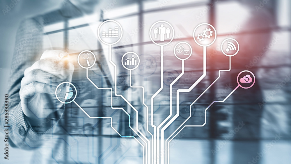 Business applications icons on blurred background. Financial and trading. Internet technology concept. Business applications icons on blurred background. Financial and trading. Internet technology concept.