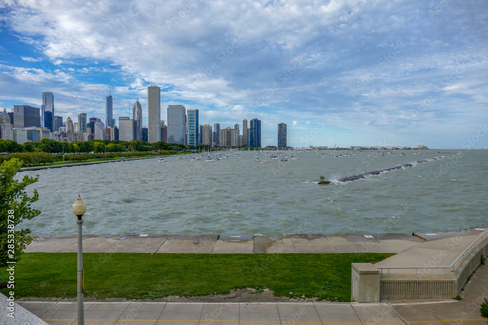 From Chicago park view to see cityscape building and michigan lake. From Chicago park view to see cityscape building and michigan lake.