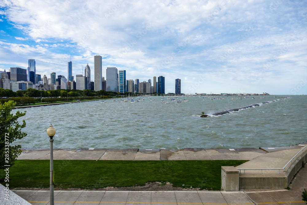 From Chicago park view to see cityscape building and michigan lake.