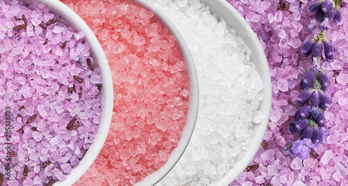 Collage of bath salt in bowl. Top view. SPA concept.