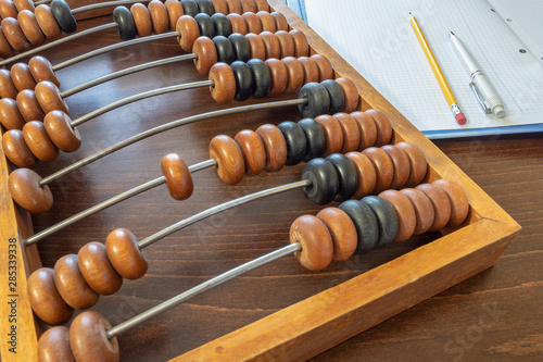 Vintage abacus, notebook, pen and pencil.