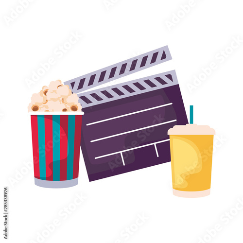 clapboard cinema with popcorn and drink