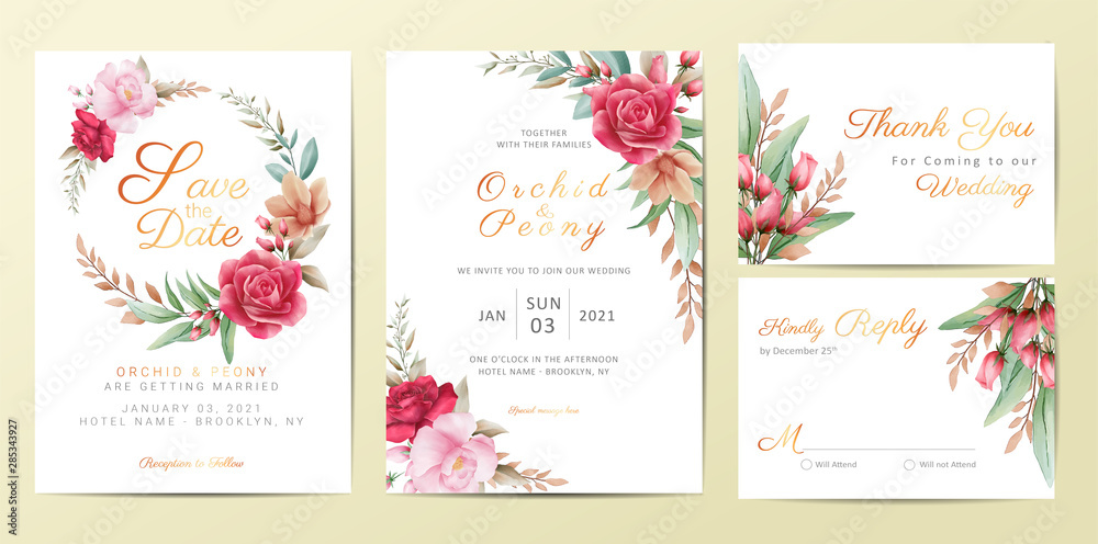 Wedding invitation cards template set with elegant flowers. Watercolor flowers decoration Save the Date, Invitation, Greeting, Thank You, RSVP cards vector