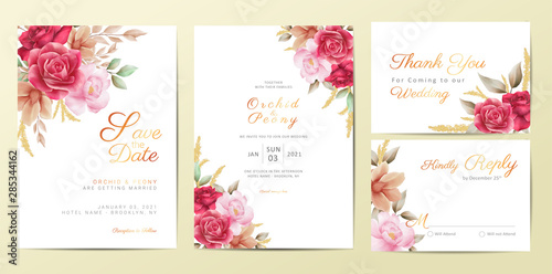 Romantic flowers wedding invitation cards template set. Watercolor flowers decoration Save the Date, Invitation, Greeting, Thank You, RSVP cards vector
