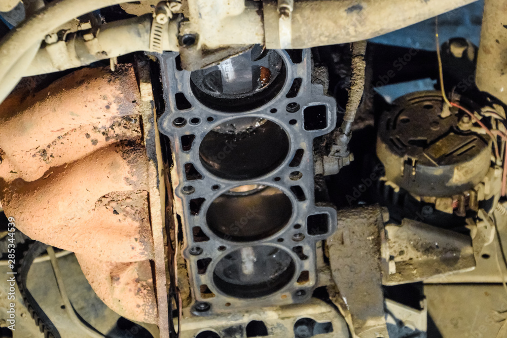 Disassembled car engine. Engine repair VAZ. Old car. Disassembled car engine. Engine repair VAZ. Old car.