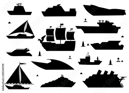 Sea ship silhouettes. Boats adapted to the open sea for coastal shipping, trade and travelling. Vector flat style cartoon illustration isolated on white background.