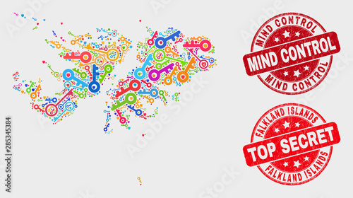 Safeguard Falkland Islands map and seal stamps. Red rounded Top Secret and Mind Control textured seal stamps. Colorful Falkland Islands map mosaic of different guard elements.
