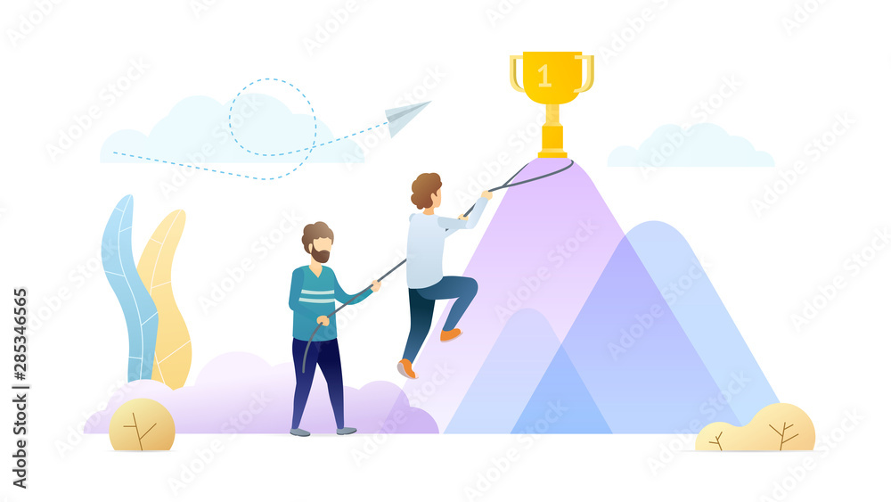 Goal achievement metaphor flat vector illustration. Successful businessmen  climbing mountain cartoon characters. Business partnership, colleagues  teamwork. Personal improvement, career growth. Stock Vector | Adobe Stock