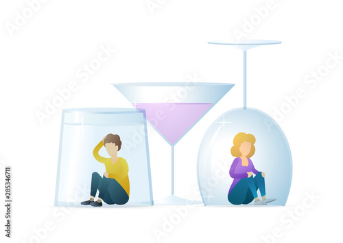 Alcoholism metaphor flat vector illustration. Sad man and woman sit under wine glasses cartoon characters. Alcohol beverages abuse, liquor dependence. Social problem, bad habit, drug addiction.
