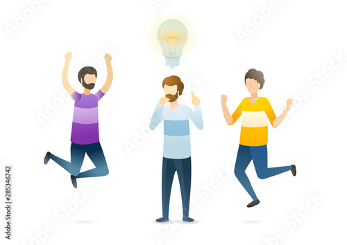 People having idea metaphor flat vector illustration. Cartoon male scientist jumping with excitement, actively gesturing, raising hands. Creative researcher finding solution, lightbulb, eureka gesture