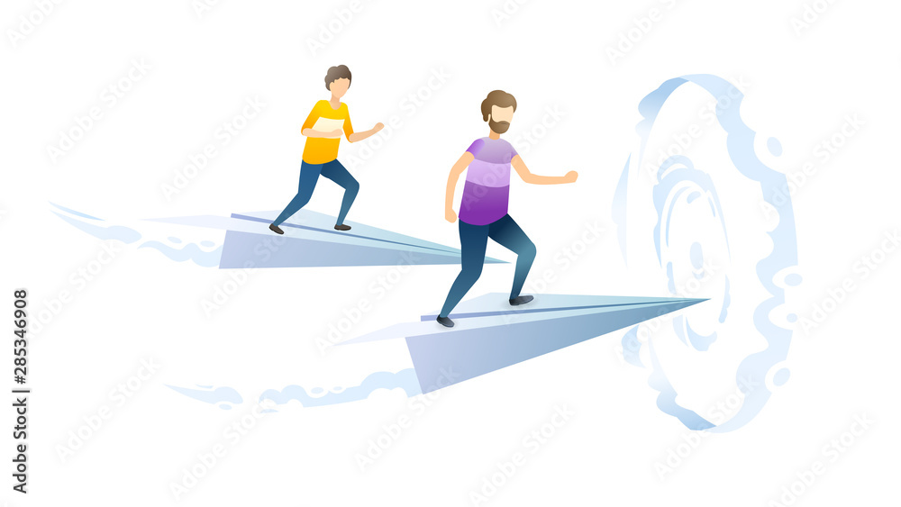 Male rivalry metaphor flat vector illustration. Competitive men flying in paper airplanes cartoon characters. Workplace competition, corporate leadership, personal achievements concept. Male rivalry metaphor flat vector illustration. Competitive men flying in paper airplanes cartoon characters. Workplace competition, corporate leadership, personal achievements concept.