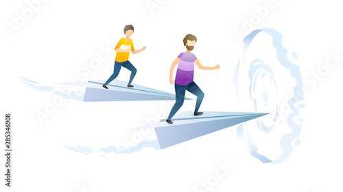 Male rivalry metaphor flat vector illustration. Competitive men flying in paper airplanes cartoon characters. Workplace competition, corporate leadership, personal achievements concept.