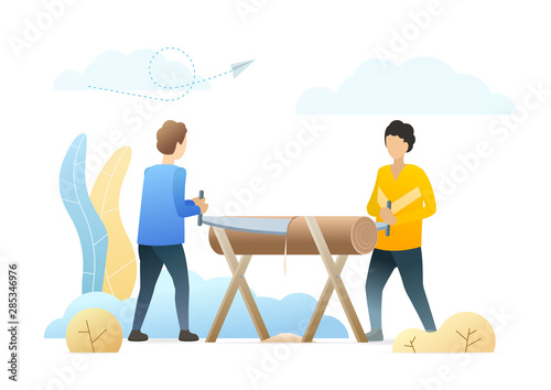 Men sawing tree log flat vector illustration. Sawmill workers cartoon characters. Colleagues cooperation, coworkers teamwork metaphor. Professional lumberjacks cut timberwood, woodcutter occupation. photo