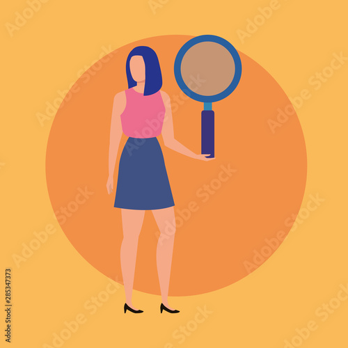 young woman with magnifying glass character