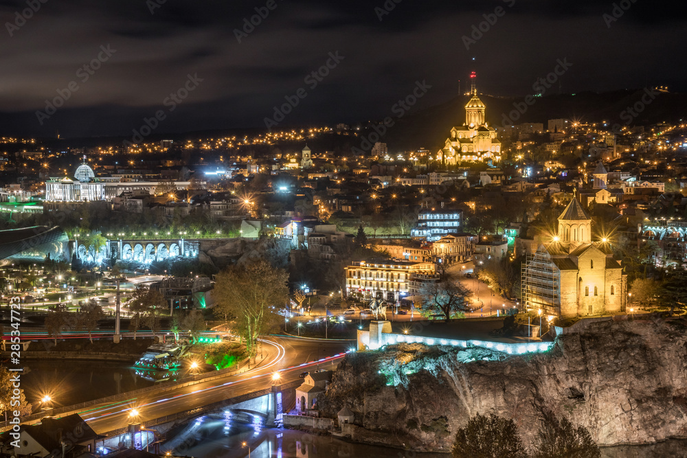 Beautiful night view of Tbilisi area from the hill.