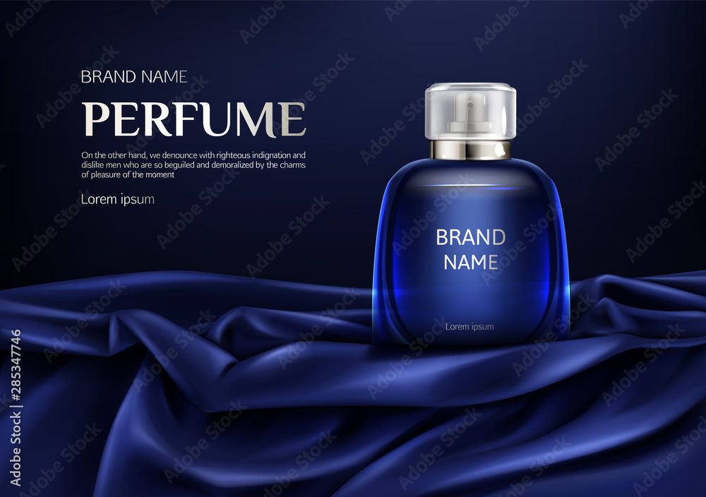 Perfume bottle on silk folded fabric background. Glass flask with dark blue  liquid, packaging design mock up. Scent fragrance cosmetic beauty product,  promo ad banner. Realistic 3d vector illustration vector de Stock
