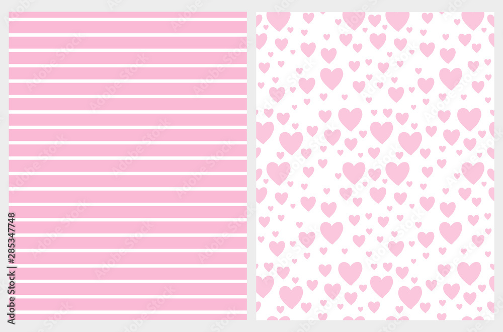  Lovely Hearts and Stripes Vector Pattern Set. White Horizontal Stripes on a Pink Background. Light Pink Hearts Isolated On a Pink Layout. Cute Simple Geometric Design.