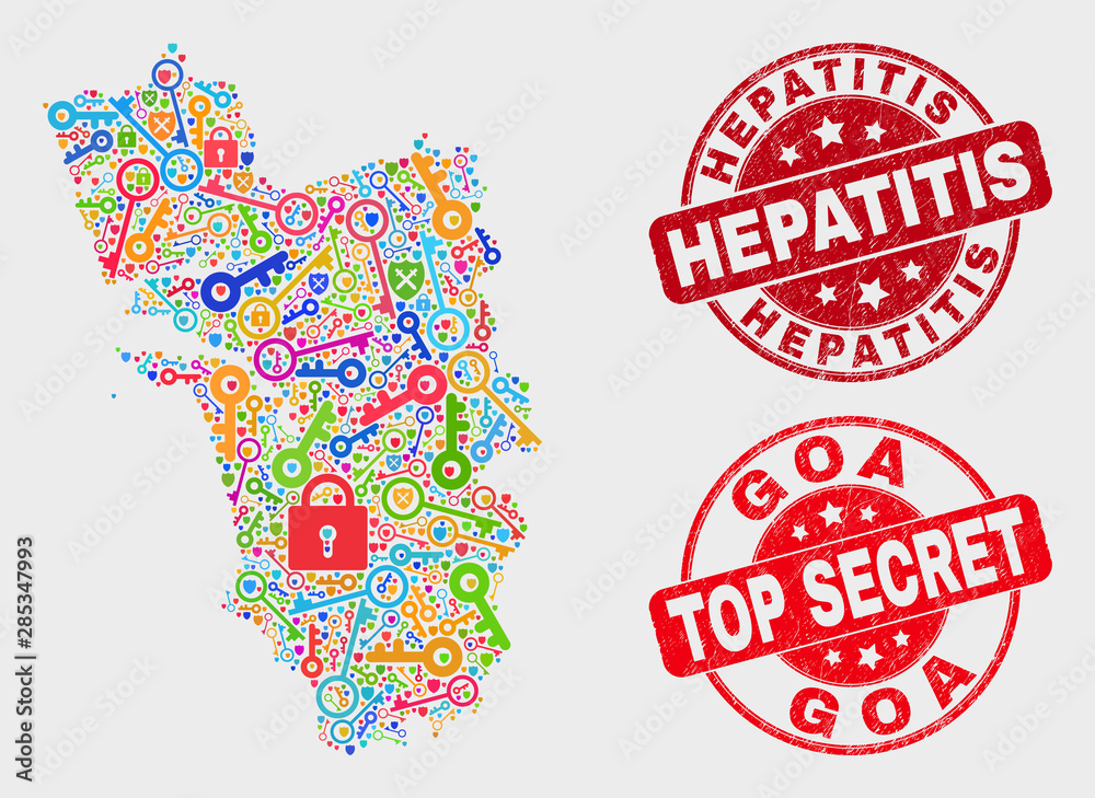 Keep Goa State map and seal stamps. Red round Top Secret and Hepatitis grunge seal stamps. Colored Goa State map mosaic of different protection icons. Vector collage for safety purposes. Keep Goa State map and seal stamps. Red round Top Secret and Hepatitis grunge seal stamps. Colored Goa State map mosaic of different protection icons. Vector collage for safety purposes.