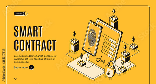 Smart contract isometric web banner, blockchain cryptocurrency etherium, e-signature on document at mobile screen, digital secured fingerprint internet technology. 3d vector landing page, line art
