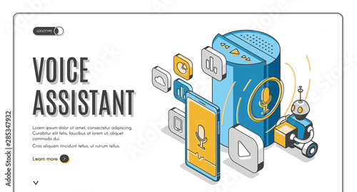 Voice assistant isometric landing page, Smart speaker recognition sound commands and control devices connected with internet of things, soundwave intelligent technologies 3d vector line art web banner