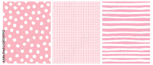 Hand Drawn Childish Style Vector Pattern Set. White Horizontal Stripes on a Pink Background. White Grid On a Pink Layout. White Polka Dots on a Pink. Cute Simple Geometric Design.