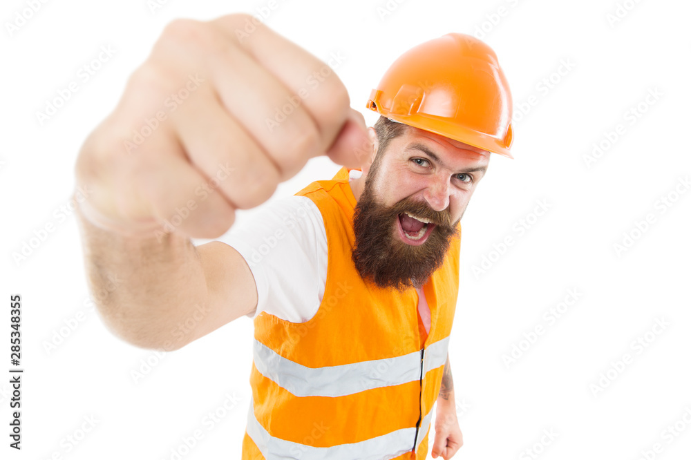 Yes we can. Man engineer protective uniform white background. Bearded brutal hipster safety engineer. Engineering career concept. Architect builder engineer. Safety apparel for construction industry