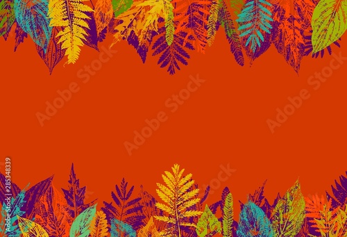 Bright cocky horizontal pattern or frame of autumn leaves stamps of different colours. Pop-art design. Fall motif for notebook cover, poster, wrapping paper