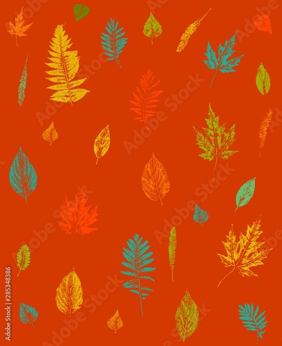 Bright cocky seamless pattern of autumn leaves stamps of different colours. Pop-art design. Fall motif for notebook cover, poster, wrapping paper